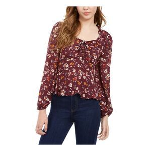 ASH & VIOLET Womens Burgundy Floral Long Sleeve Scoop Neck Top XS